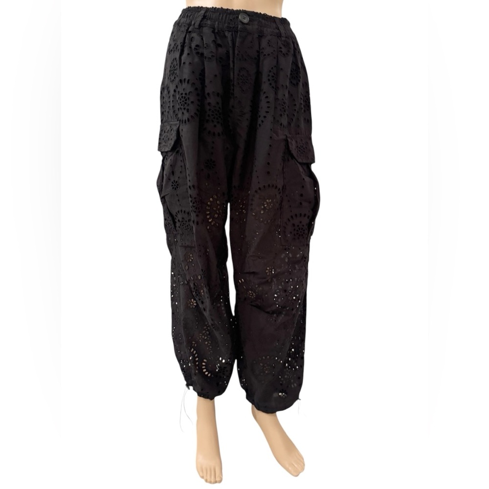 Black Cotton Embroidered Long Cargo Pants